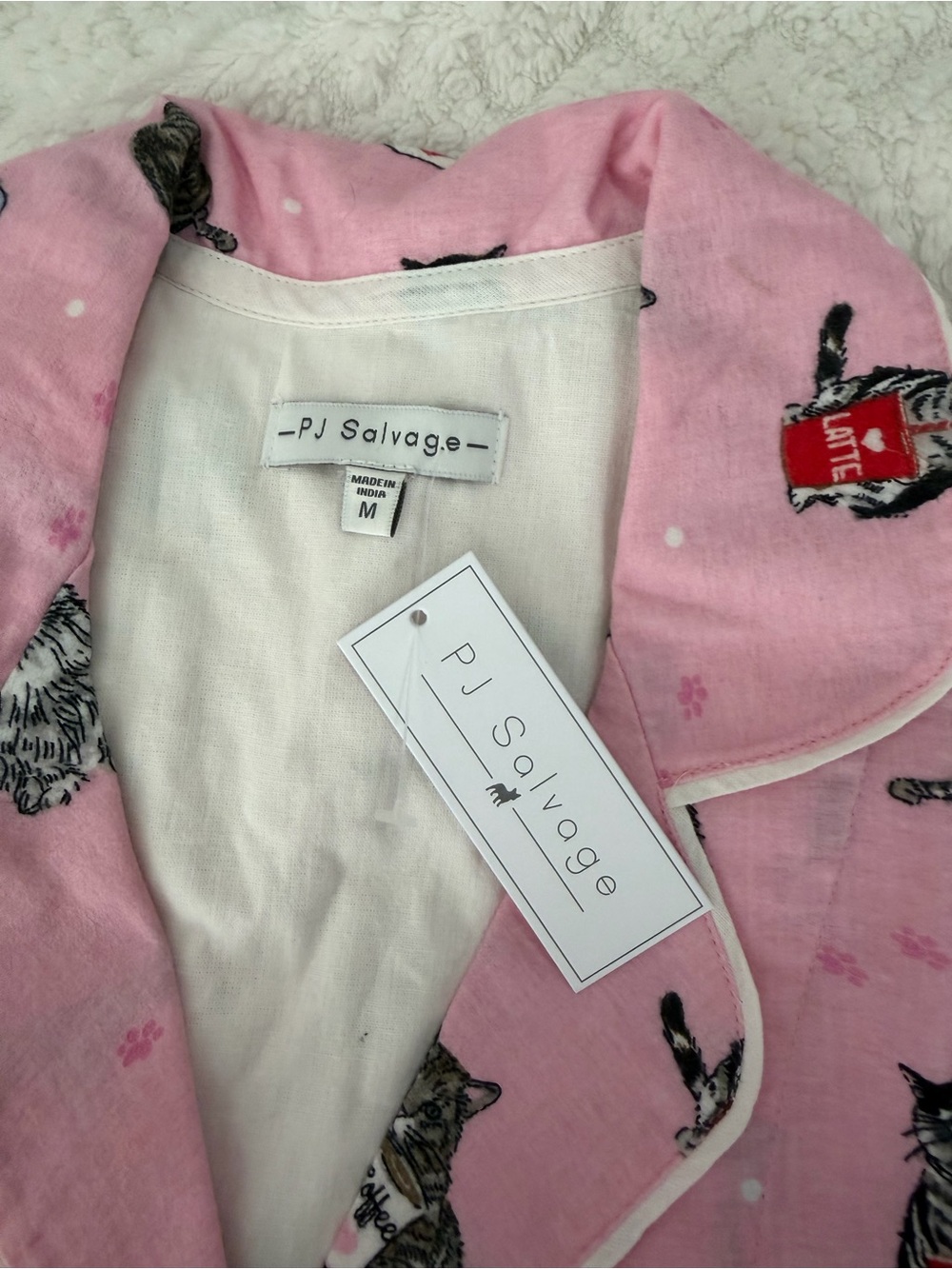 PJ Salvage Lightweight Flannel Pajama Set Cats Coffee Pink Womens M Button front - Picture 2 of 10